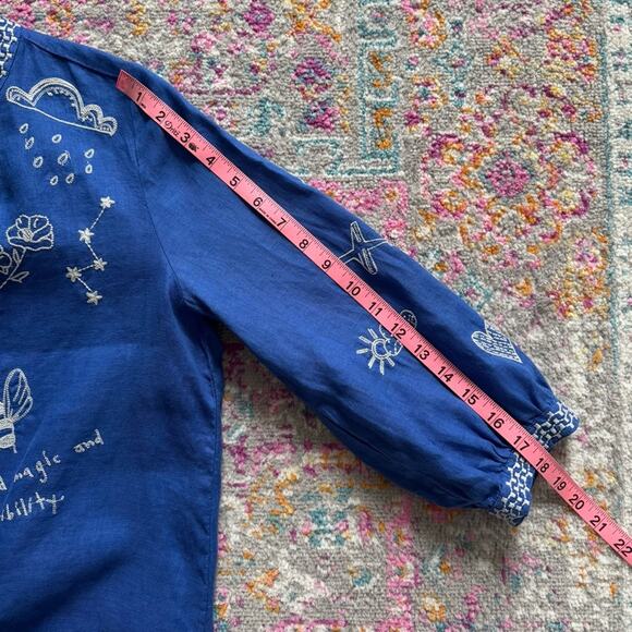 Johnny Was Sovanna Blue Embroidered Linen Bishop Sleeves Tunic Dress Size Small - Picture 8 of 11